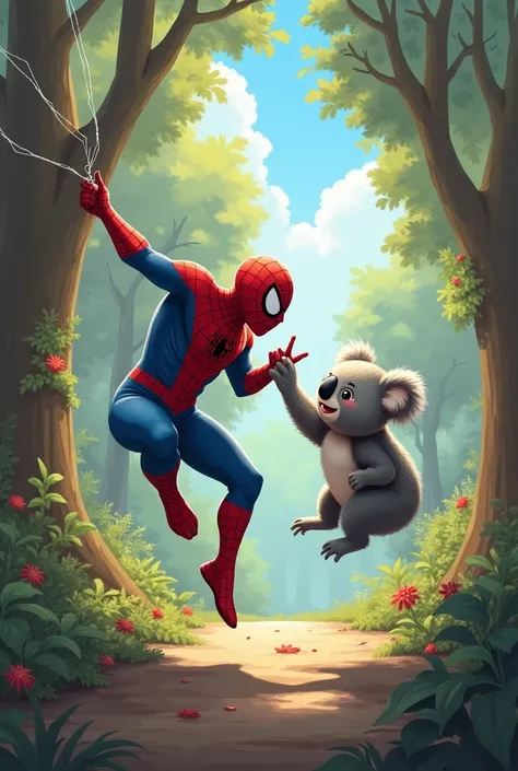 A koala playing with Spiderman 