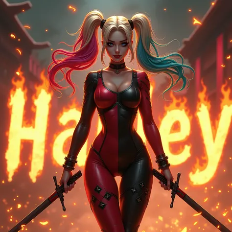 Harley queen samuray sexy with katanas and up in the sky written Harley with letters of fire background flames 