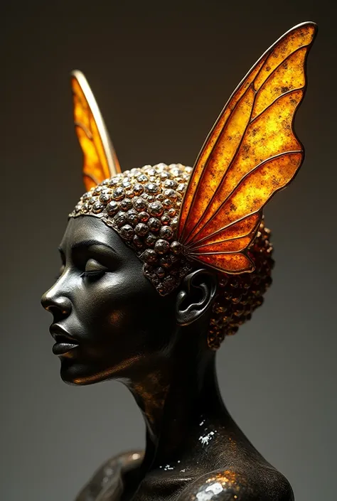 Dark sculpture of a rugged honeycomb anatomical female brain with insect wings, entirely made of bronze, gold, and amber. sharp highlights. glitchcore, thin glowing ring halo, Violent, chiaroscuro, sharp highlights, crying amber liquidGiacometti style, hig...