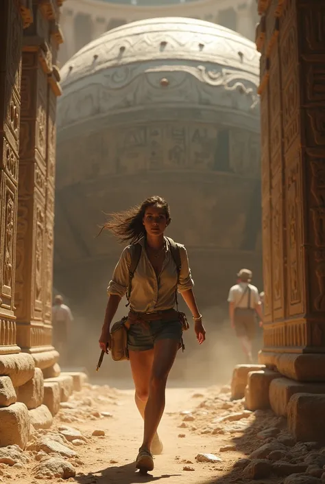 A female archeologist is being chased through a temple by a giant spherical boulder that is rolling behind her Indiana Jones style 