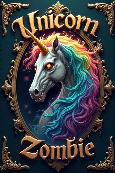 A ish logo of a zombie unicorn has a rainbow mane with the word unicorn zombie written with a baroque font.