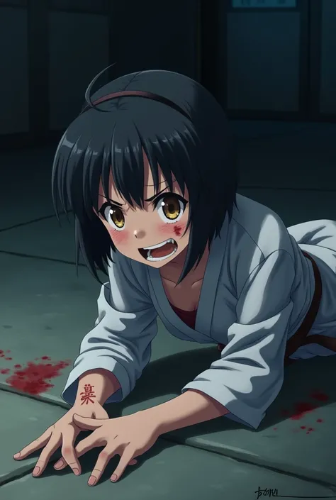  An anime girl with short black hair and brown eyes, in karate clothes lying on the floor ,All bruised ,with an expression of fear( the trait has to be in anime )at night,(She has her arm cut off)