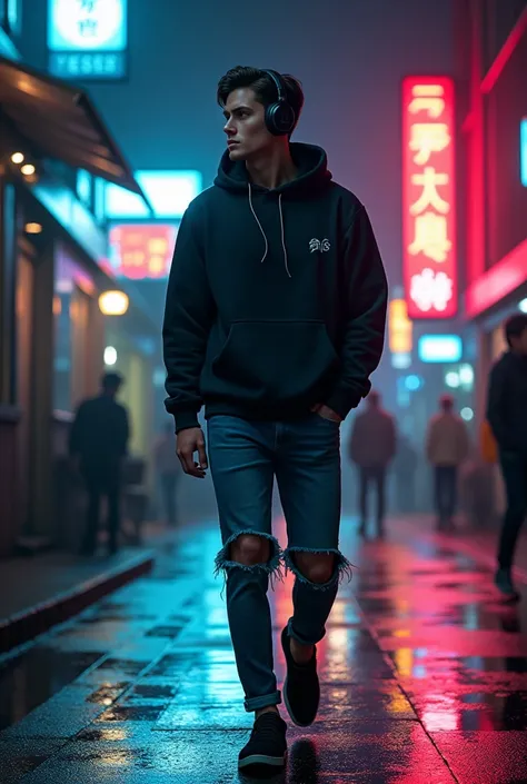 ""A stylish young man in a hoodie and ripped jeans, walking through a bustling urban street at night. Neon signs reflect on the wet pavement, and his enigmatic gaze draws attention as he listens to music with headphones."