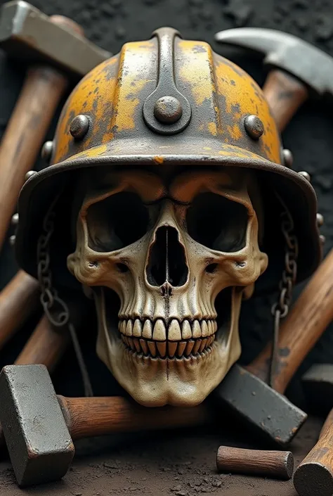  A skull with a miners helmet ,frnars helmet , behind the skull are miners hammers