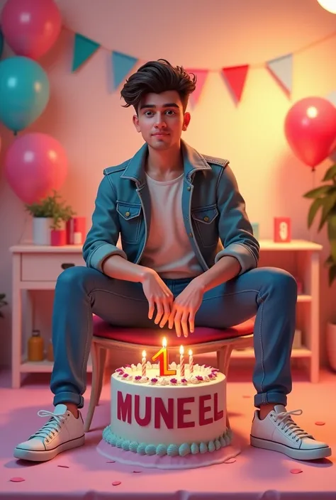 3d illustration of a men sitting casually on front of a cake the character must wear casual moder clothing such as jeans jacket and sneakers shoes. the background of the image is a party theme. write "MUNEEL" on the birthday cake make sure the text is not ...