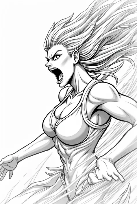 GODDESS IN ANGRY ATTACK POSITION BLACK AND WHITE DRAWING LOOKING TO THE RIGHT EYES OPEN HALF BODY SCREAMING ANIME