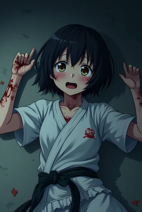  An anime girl with short black hair and brown eyes,with karate clothes lying on her back on the floor,All bruised ,with an expression of fear( the trait has to be in anime )at night,(She has her arm cut off)