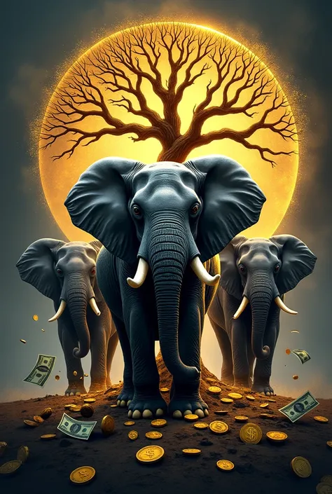 three (3)  elephants Surrounded by neon details
Mixed with brushstrokes of gold color ,  of
Background the
Tree of Life and
Elements that symbolize prosperity .

 High quality artistic representation .
 Elephants can be in different standing positions , 

...