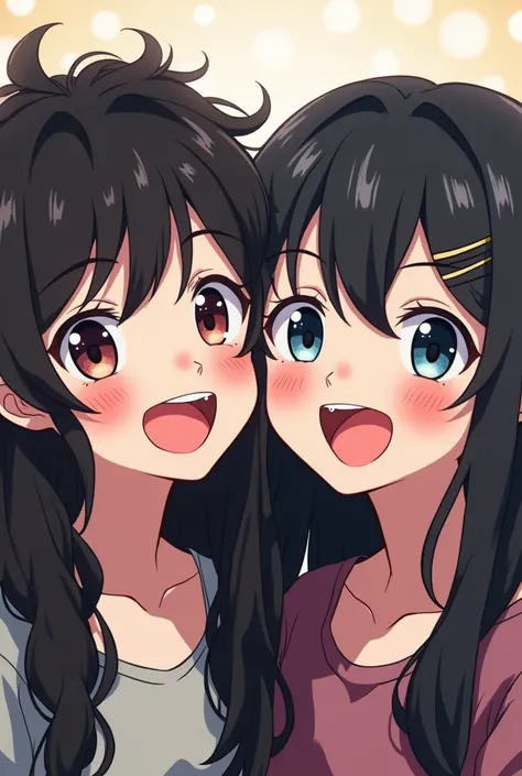  you can make me an animated image of two girls , Let only the face come out, A girl who is round faced with frizzy and long hair with square lenses and is very laughing,  the other girl who is a thin face with black hair ,  straight and long and with a st...