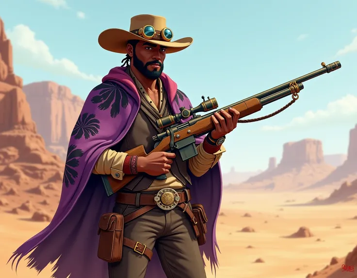  The image of a desert character,Courageous cowboy , 25-year-old black man , with cowboy clothes from the 1920s ,  with special steampunk glasses ,  holding a sniper rifle Steam punk . utilizando um poncho com estampa afro nas cores roxa e preto cowboy hat...