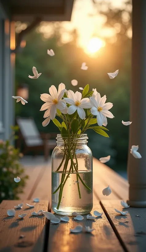  Jasmine flowers in a glass jar,  with petals falling in slow motion ,  conveying love and harmony .

Bottom: a porch at dusk .