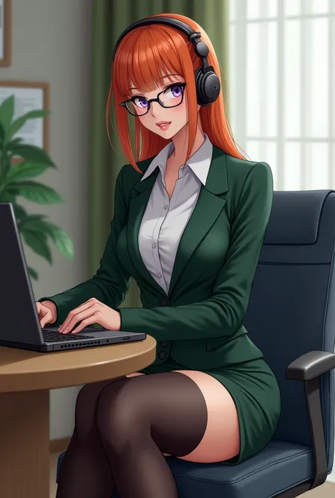 there is a woman sitting in a chair with a laptop, wearing a strict black business suit, sitting on a desk, in strict suit, on a desk, in a strict suit, japanese goddess, thighhighs and skirt, sat at her desk, sitting on a table, sitting at desk, wearing b...