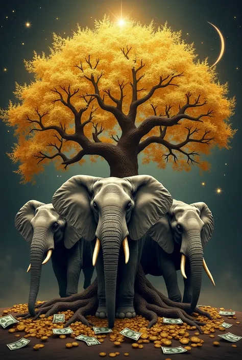 image with dimensions 16x9 of three (3)  elephants Surrounded by neon details
Mixed with brushstrokes of gold color ,  of
Background the
Tree of Life and
Elements that symbolize prosperity .

 High quality artistic representation .
 Elephants can be in dif...