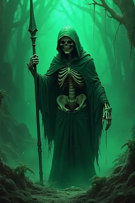 A skeletal being has destroyed dark green hoodie and destroyed dark green pants holding a powerful emerald spare