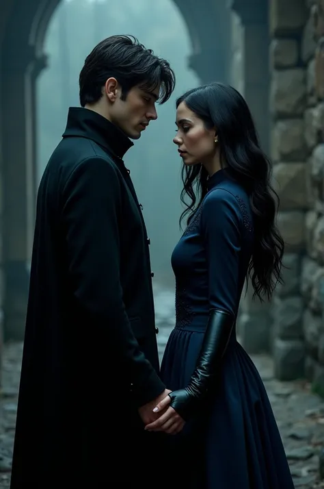 Tom Riddle and a woman with her back ,  both holding hands ,  the woman with long and slightly wavy black hair ,  the background that is somewhat dark like a castle and that the woman has a navy blue dress and a glove on her left hand 