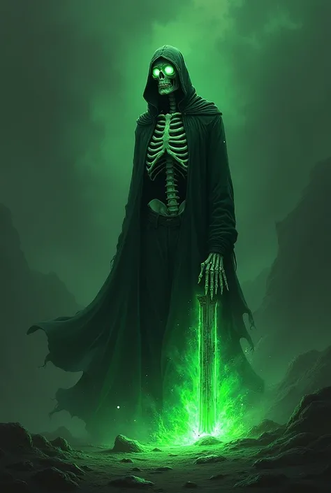 A skeletal being has destroyed dark green hoodie and destroyed dark green pants holding a powerful emerald spare profile picture