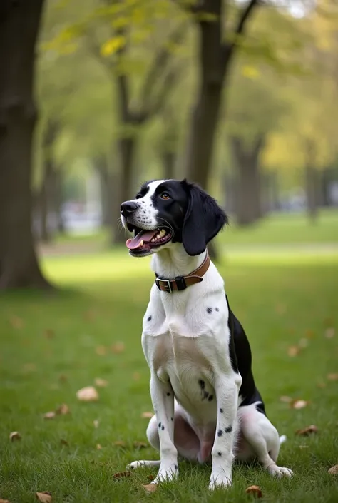 An Ariégeois dog with black spots in a park with trees