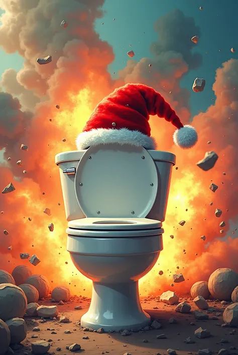 Skibidi Toilet with a Christmas hat in the midst of an explosion 