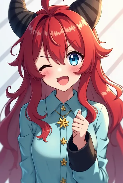 ( anime style )

appearance:  Girl with crimson red hair and long ,  sky blue eyes, body defined hybrid human dragon ,  with black cuffs , star brooches , disheveled hair, light skin,  20 years old

dress :  opaque light blue shirt and a necklace the same ...