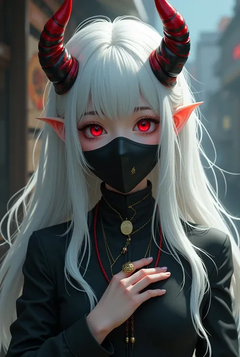  A white-haired girl with white skin with red eyes , She has red and black horns ,  and wears a mask and has a badge on her hands saying Queen Demons shop