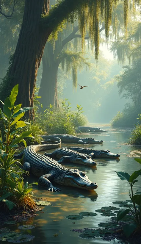 Alligators resting along a swamp with rich aquatic vegetation.