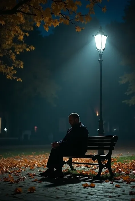 " A man sits alone on a park bench at night ,  illuminated by the light of a street lamp .  The place next to him ,  where women in hijab used to sit , now empty .  The man stares at the ground with a sad and pensive expression,  while autumn leaves are st...