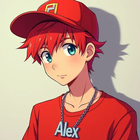   19-year-old boy with red shirt and chain that says "Alex" of diamond and red cap animated style 