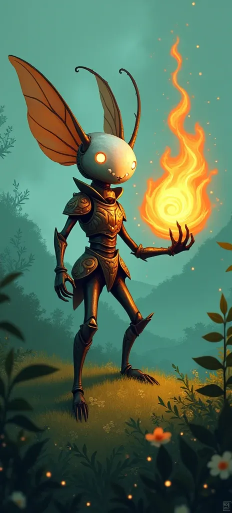 A Hollow Knight-style character with a fireball in his hand  on the green background 