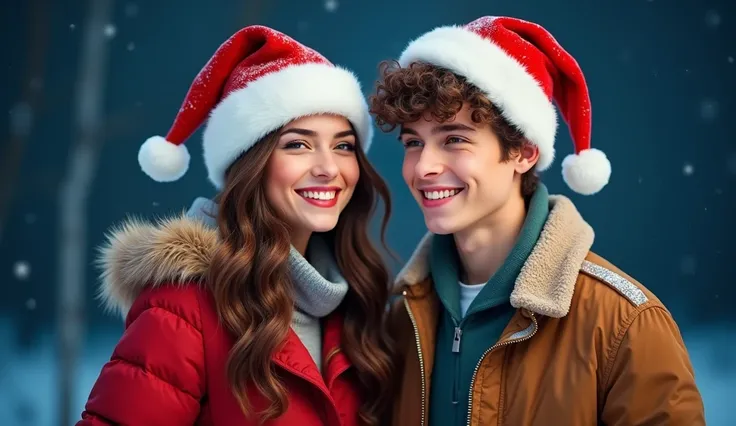 a female, european, young adult, slim body, wavy brunette hair, and a guy with brown hair and a white shirt, both with Santa Claus hats, dark blue background.