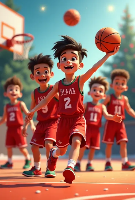 Basketball team of many  boys wearing red kits, Merry Christmas , Disney Pixar 