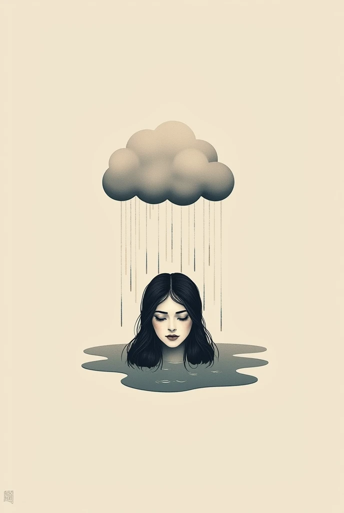  Generate a drawing with shadows showing a cloud raining ,  which creates a puddle and from that pool emerges the hair and forehead of a woman. Minimalist drawing for a tattoo  