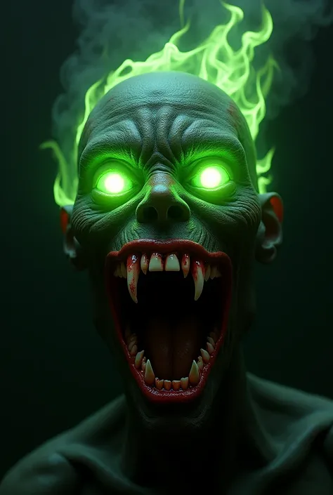 Green eyes with flames and bloody teeth on a black background 