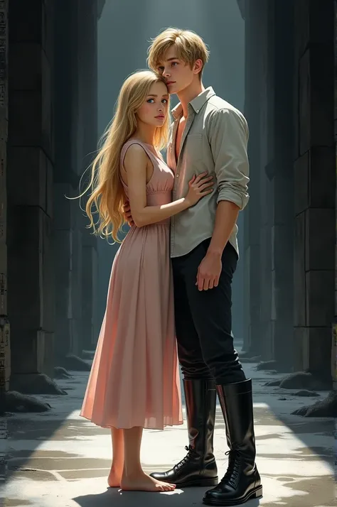 Young blonde woman wearing pink dress with long blond hair brown eyes black boots light pink makeup relaxed her tall blond boyfriend blue eyes split hair with bangs with a dress blouse with an open button pants says black altar black and white several diff...