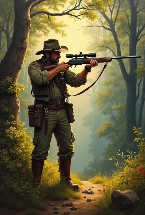 oil painting of a hunter with a gun depicted in front