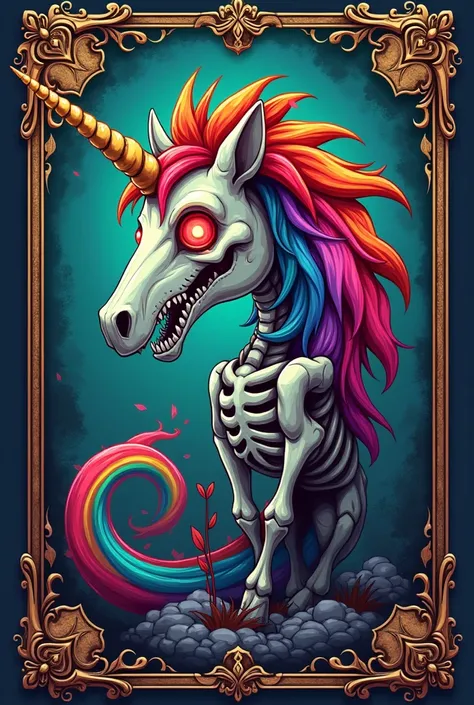 A ish logo of a zombie dwarf unicorn with a rainbow mane ,avec les mots Licorne zombie écrit en baroque ,en fond De couverture de livre Disney 