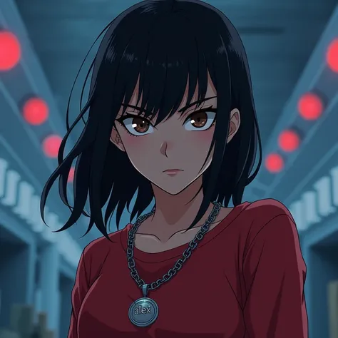 19-year-old girl wearing a red shirt and space-type chain with the name  "Alex"  black hair brown eyes serious face with an intimidating aura wearing a blue-black animated style sweatshirt