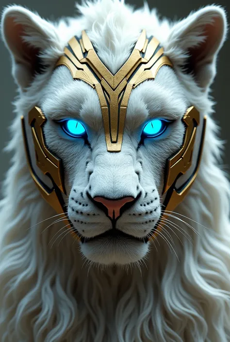 White lion power ranger helmet high detail!, chrome, gold, blue eyes facing forward