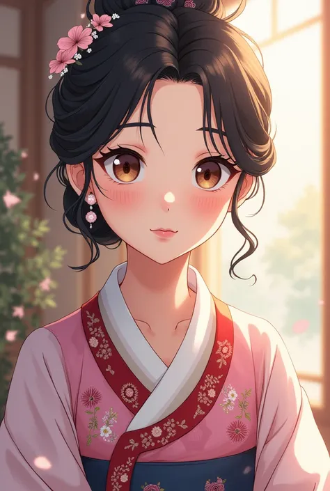  A GIRL WITH DARK BLACK HAIR AND LIGHT BROWN EYES, WITH A HANBOK AND NICE HAIRSTYLE ,  ADULT TYPE FOR HER WEDDING OR WEDDING PHOTOS . anime illustration