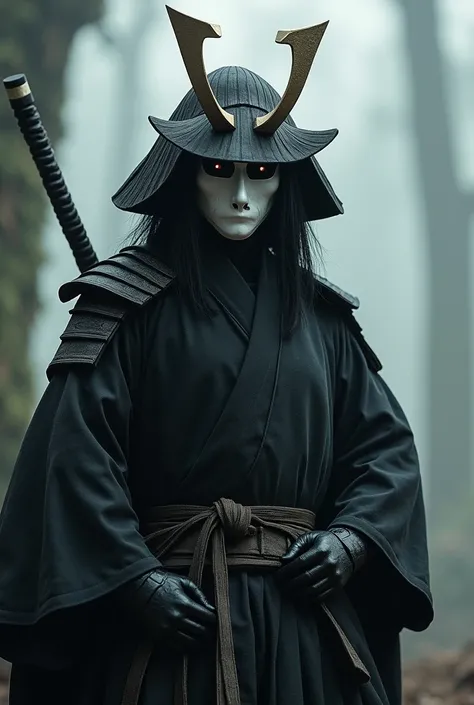 Character with black hair and samurai hat white mask with horns black nose black eyes black shirt and black pants 