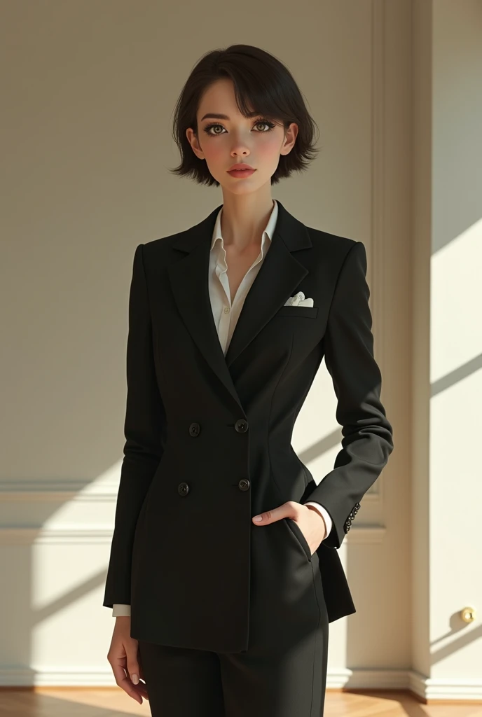 Beautiful young woman wearing a tuxedo tailcoat retro style and standing in empty room 