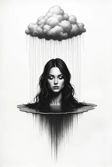 Generate a drawing with shadows ,  only using black and white colors where you can see a cloud raining,  which creates a puddle and from that pool emerges the hair and forehead of a woman, Dont let you see a face . Minimalist drawing for a tattoo  