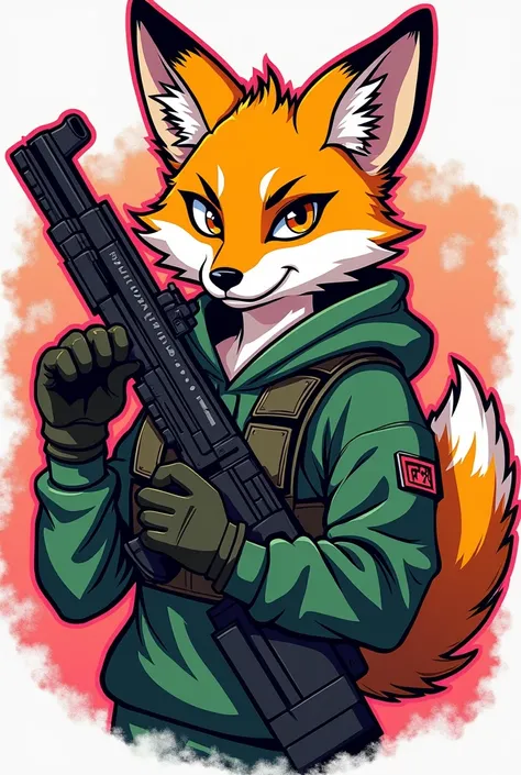  Create an airsoft patch of a female fox wearing a green blouse and hoodie, a speed ,  tactical vest holding a gun with the prominent name Fox¹ ₄ 