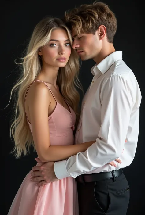 Young blonde woman wearing pink dress with long blonde hair brown eyes wearing black boots light pink makeup slowed down and her tall blond boyfriend blue eyes split hair with bangs with a dress blouse with an open button pants say black 
With Astar
 black...