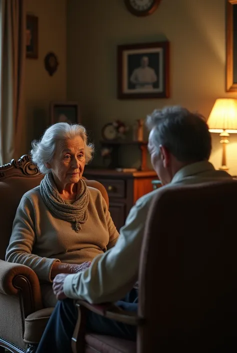 A realistic image depicting Bruno’s grandmother in a warm, cozy living room, sitting in a vintage armchair as she shares a story from the past. She is an elderly woman with silver hair, neatly styled, wearing a simple, old-fashioned dress. Her face shows w...