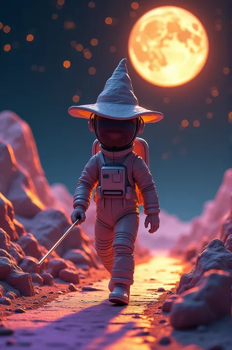  A 3D futuristic scene of an astronaut dressed in a crazy 3L hat character like Alice from Wonderland.  He wears a hat and helmet in an astronaut suit . Alicia accompanies her Wearing an astronauts helmet ,  The astronaut walks along a path that shows the ...