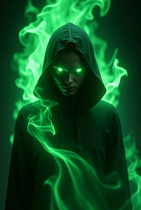 Black background with green eyes on green flames 