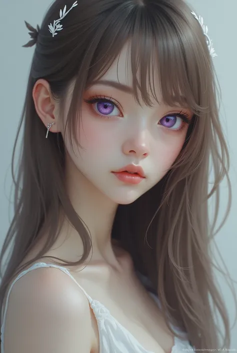  Girl with straight hair that reaches her neck ,  light brown with a white strand in the front. Soft facial features and amethyst eyes . Slim body. 