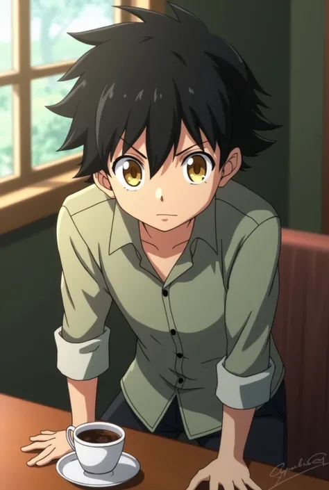  Screenshot of the Anime Boku no hero , tall black-haired boy a little rowdy , golden eyes,  wearing a long sleeve shirt and black pants. That you find on a table with a coffee cup on the side 