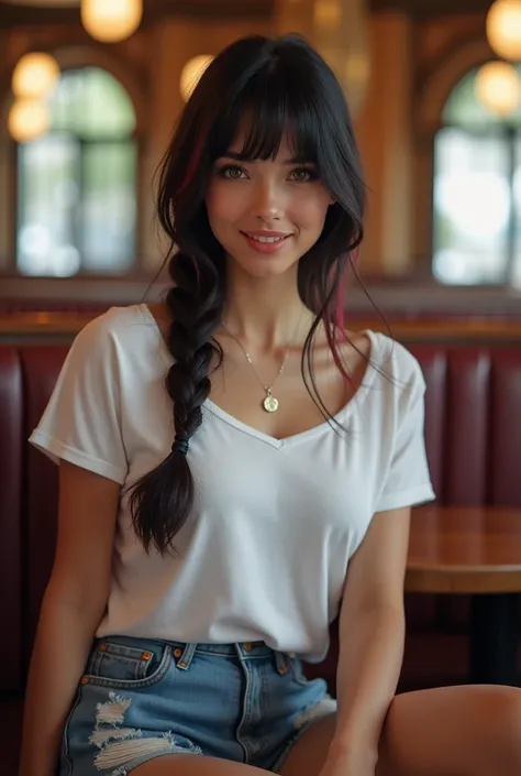 photorealism, young gorgeous Israeli woman sitting femininely in cozy cafe, perfect face, flirty expression, straight black hair with bangs and red highlights, hair in one braid over shoulder, large bust, wearing white t-shirt and jean shorts with stocking...