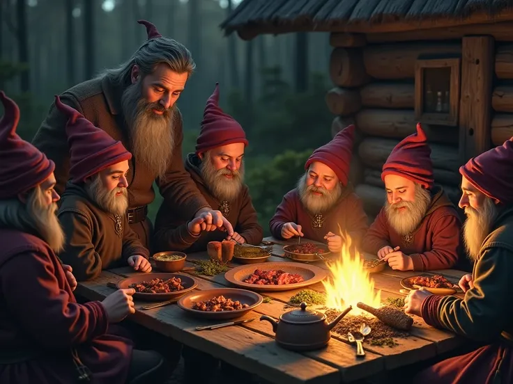  a dinner with the dwarves and a man outside a cabin , The man is twice as tall as the dwarves ,  everyone is sitting around a fire ,  on the side of the fire he cooks meat and the dishes are made of wood  